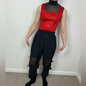 Weissman Dance Costume Unitard Red Sequin and Black Nylon Jumpsuit
